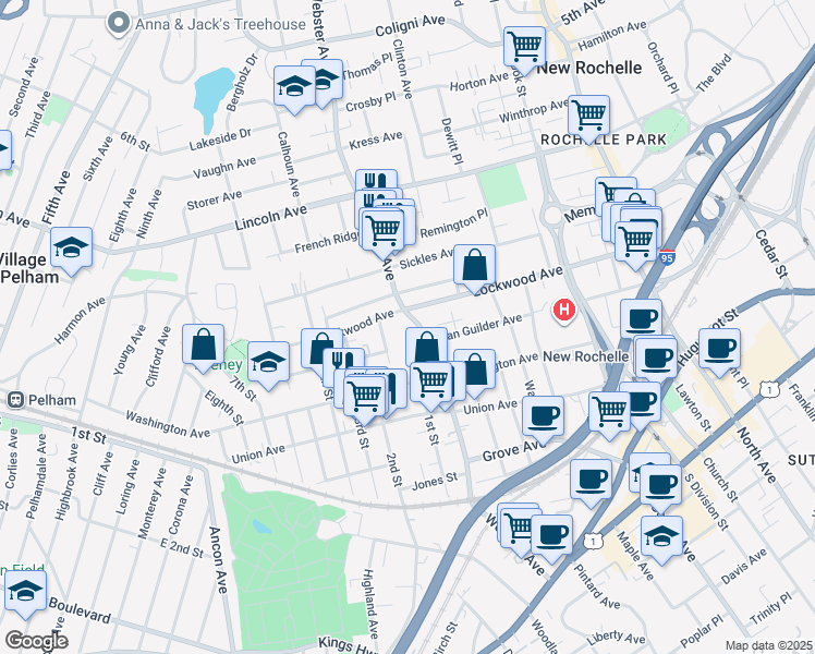 map of restaurants, bars, coffee shops, grocery stores, and more near 214 Lockwood Avenue in New Rochelle