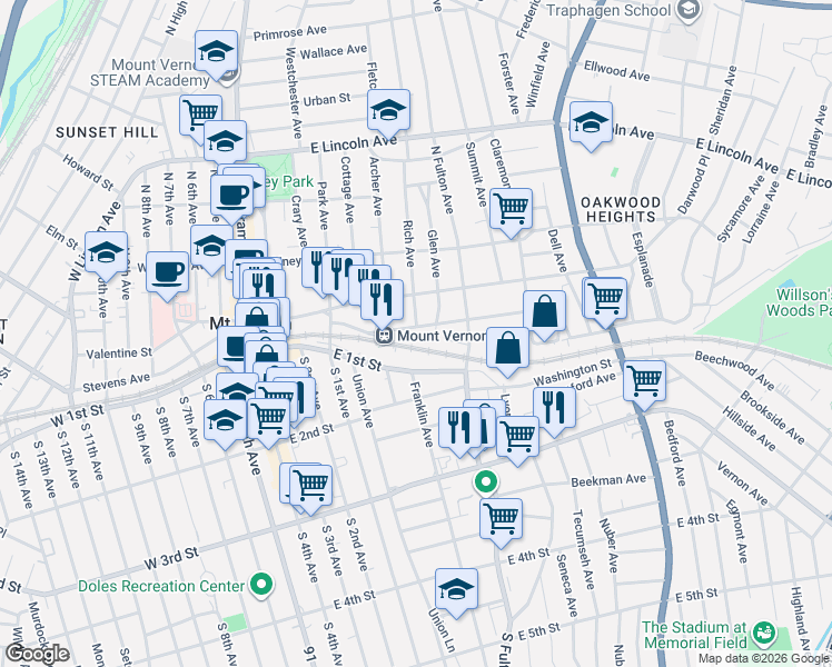 map of restaurants, bars, coffee shops, grocery stores, and more near 1 East 1st Street in Mount Vernon
