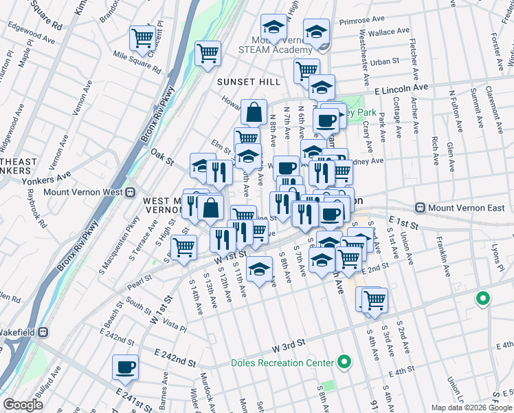 map of restaurants, bars, coffee shops, grocery stores, and more near 20 North 9th Avenue in Mount Vernon