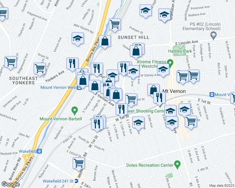 map of restaurants, bars, coffee shops, grocery stores, and more near 33 North Bleeker Street in Mount Vernon