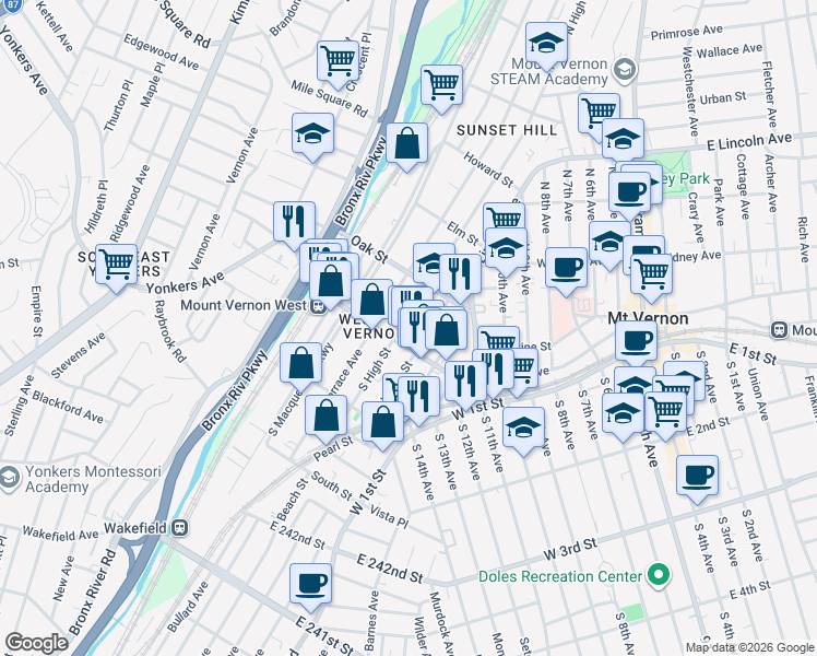map of restaurants, bars, coffee shops, grocery stores, and more near 17 North High Street in Mount Vernon