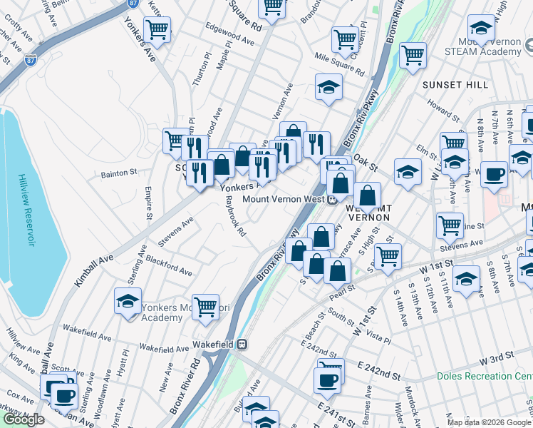 map of restaurants, bars, coffee shops, grocery stores, and more near 24 Yonkers Terrace in Yonkers