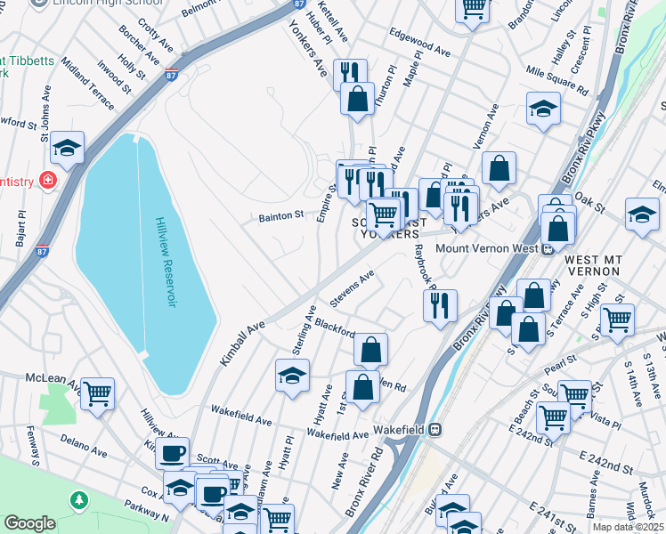 map of restaurants, bars, coffee shops, grocery stores, and more near 301 Kimball Avenue in Yonkers