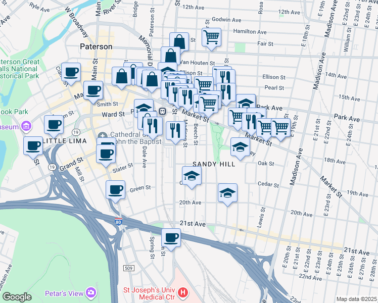 map of restaurants, bars, coffee shops, grocery stores, and more near 63 Beech Street in Paterson