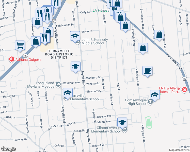 map of restaurants, bars, coffee shops, grocery stores, and more near 13 Marlboro Drive in Port Jefferson Station