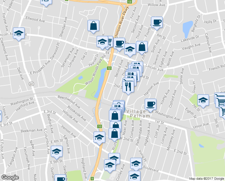 map of restaurants, bars, coffee shops, grocery stores, and more near 32 Second Avenue in Village of Pelham