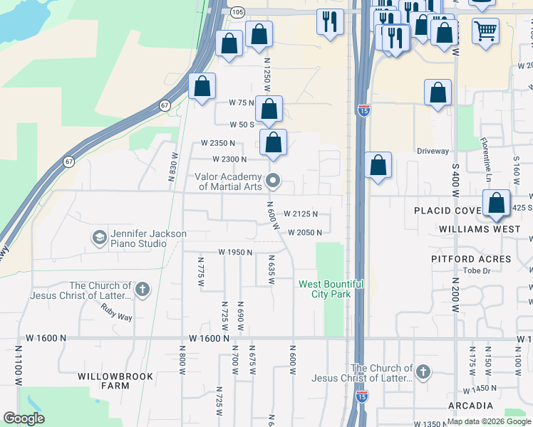 map of restaurants, bars, coffee shops, grocery stores, and more near 2115 North 600 West in West Bountiful
