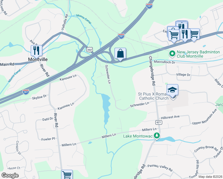 map of restaurants, bars, coffee shops, grocery stores, and more near 19 Schneider Lane in Montville