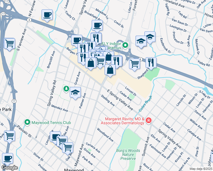 map of restaurants, bars, coffee shops, grocery stores, and more near 25 Spring Valley Avenue in Maywood