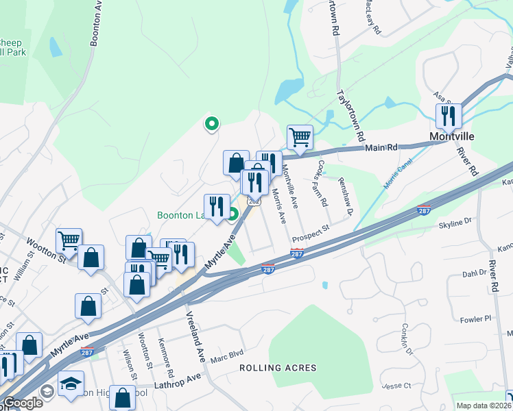 map of restaurants, bars, coffee shops, grocery stores, and more near 9 Main Road in Montville