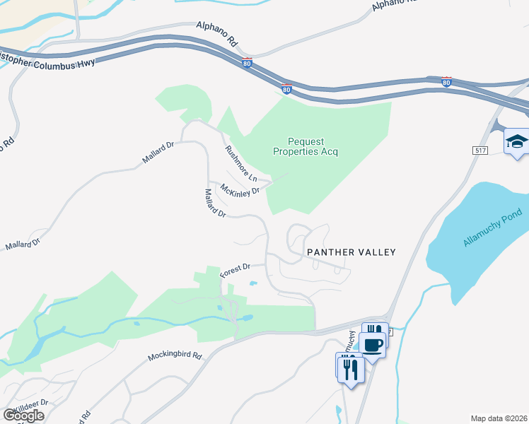 map of restaurants, bars, coffee shops, grocery stores, and more near 48 Mallard Drive in Hackettstown
