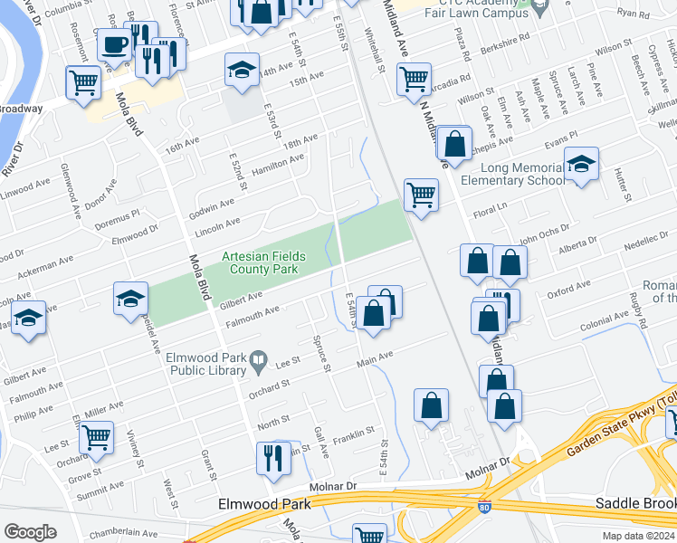 map of restaurants, bars, coffee shops, grocery stores, and more near 246 East 54th Street in Elmwood Park