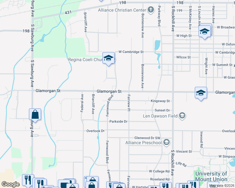 map of restaurants, bars, coffee shops, grocery stores, and more near 1190 Glamorgan Street in Alliance