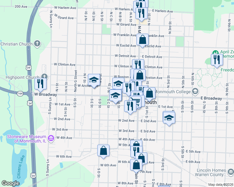 map of restaurants, bars, coffee shops, grocery stores, and more near 100-198 North B Street in Monmouth