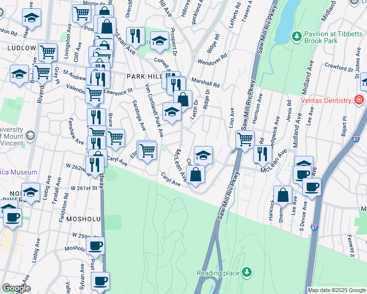 map of restaurants, bars, coffee shops, grocery stores, and more near 233 McLean Avenue in Yonkers