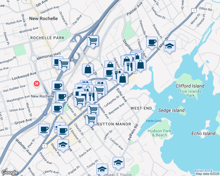 map of restaurants, bars, coffee shops, grocery stores, and more near 345 Main Street in New Rochelle