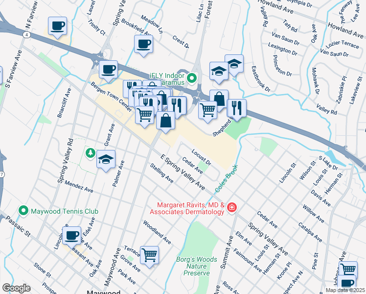 map of restaurants, bars, coffee shops, grocery stores, and more near 41 Cedar Avenue in Maywood