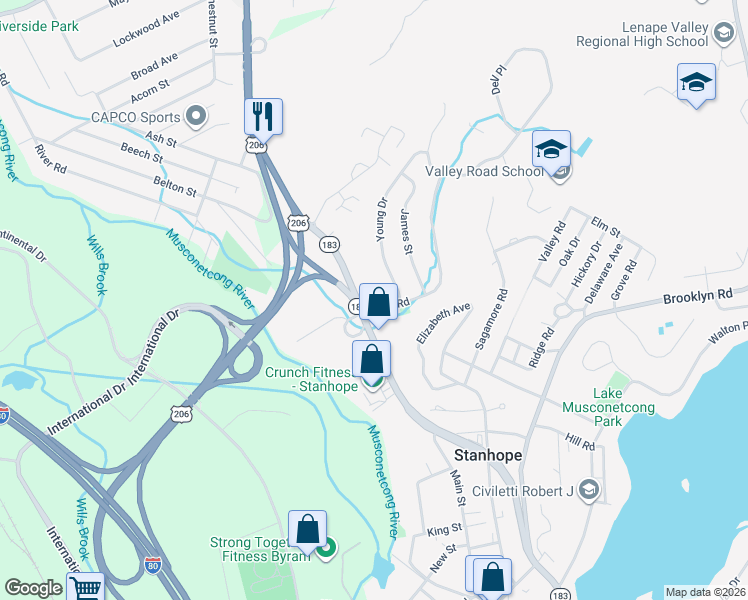 map of restaurants, bars, coffee shops, grocery stores, and more near 2 Dell Road in Stanhope