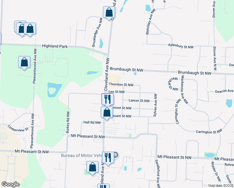 map of restaurants, bars, coffee shops, grocery stores, and more near 3162 Lee Street Northwest in North Canton