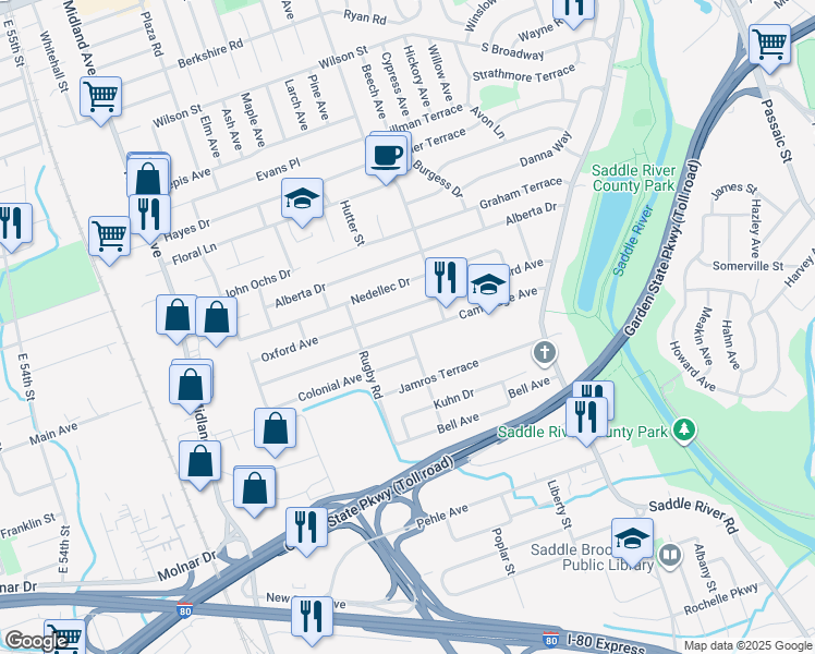 map of restaurants, bars, coffee shops, grocery stores, and more near 152 Oxford Avenue in Saddle Brook
