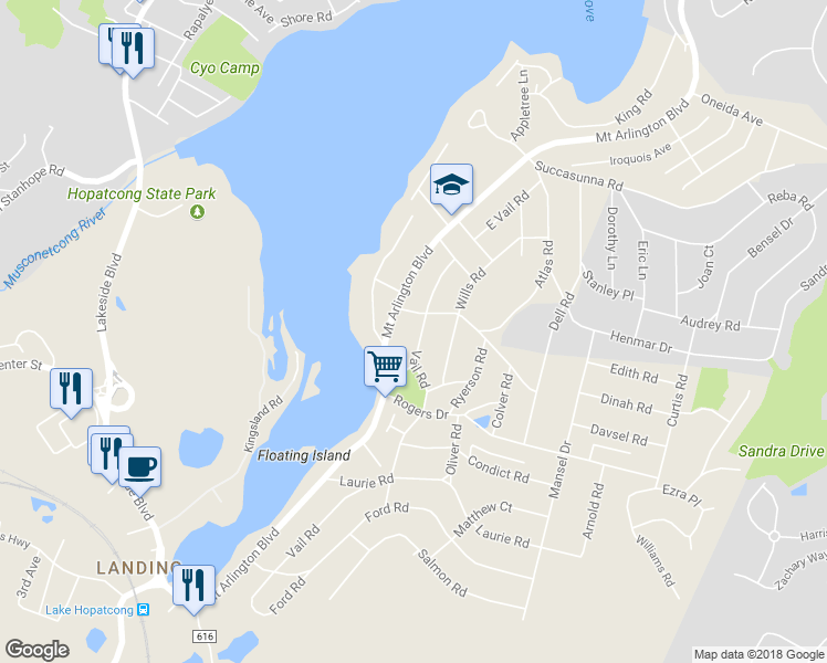 map of restaurants, bars, coffee shops, grocery stores, and more near 517 Vail Road in Roxbury Township