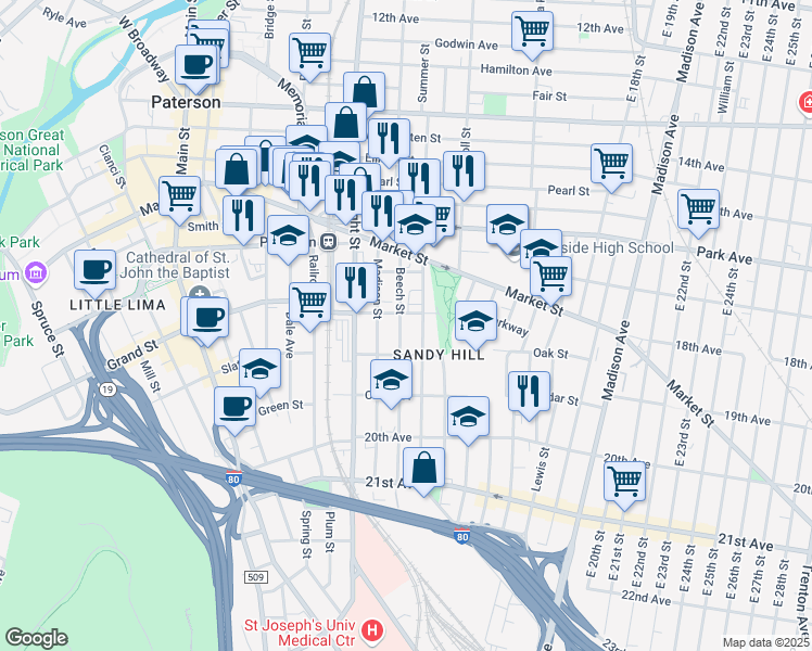 map of restaurants, bars, coffee shops, grocery stores, and more near 63 Beech Street in Paterson