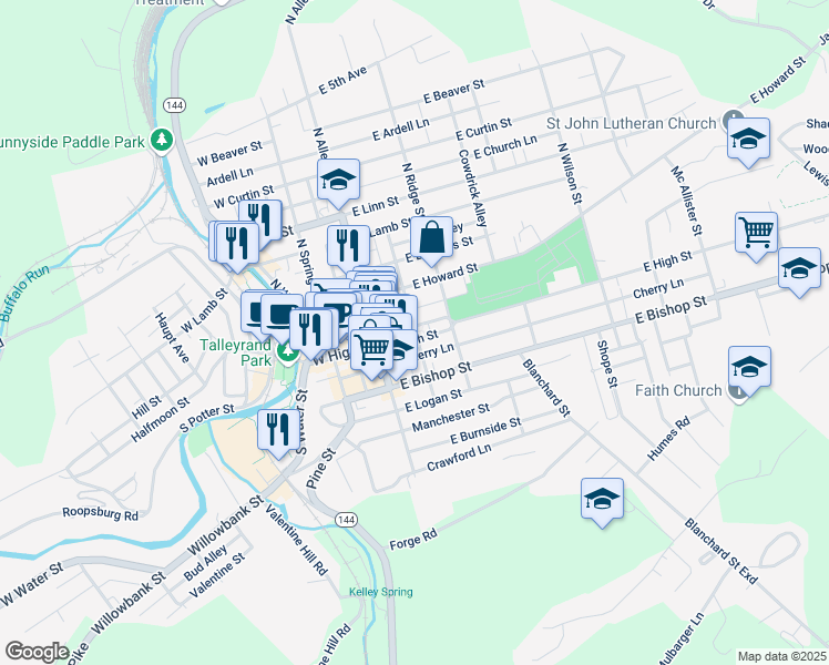 map of restaurants, bars, coffee shops, grocery stores, and more near 102 East High Street in Bellefonte