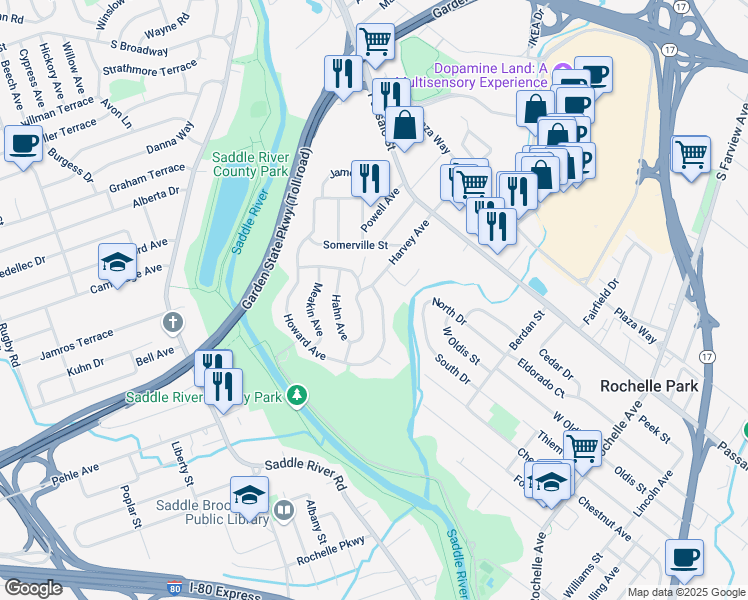 map of restaurants, bars, coffee shops, grocery stores, and more near 11 Howard Avenue in Rochelle Park