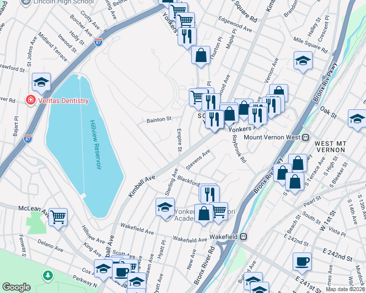 map of restaurants, bars, coffee shops, grocery stores, and more near 17 Empire Street in Yonkers