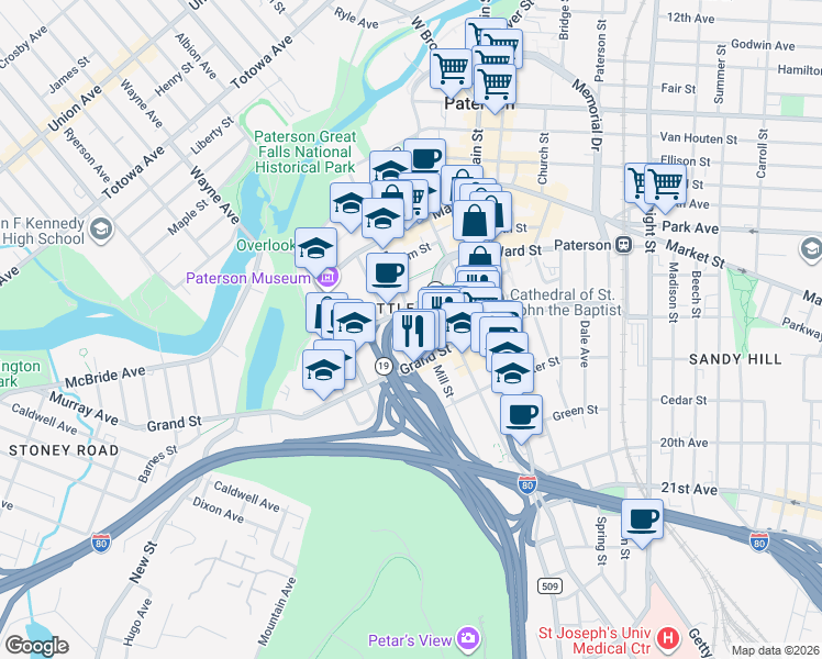 map of restaurants, bars, coffee shops, grocery stores, and more near 107 Mill Street in Paterson