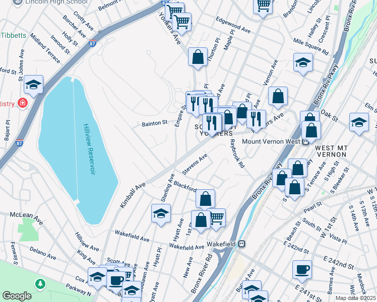 map of restaurants, bars, coffee shops, grocery stores, and more near 301 Kimball Avenue in Yonkers