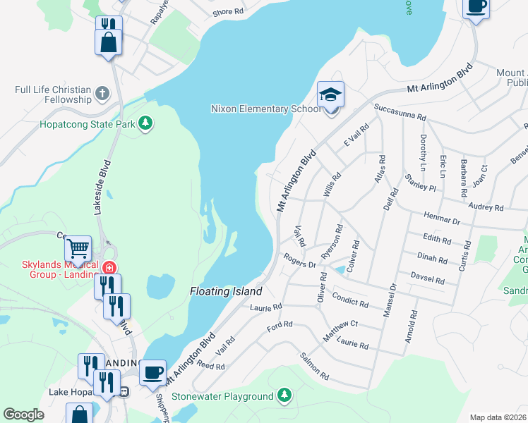 map of restaurants, bars, coffee shops, grocery stores, and more near 7 Silver Springs Drive in Roxbury Township