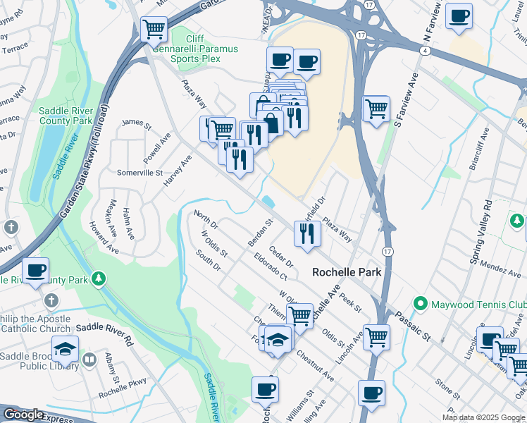 map of restaurants, bars, coffee shops, grocery stores, and more near 151 West Passaic Street in Rochelle Park