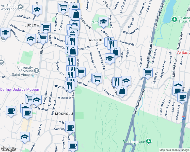 map of restaurants, bars, coffee shops, grocery stores, and more near 20 Elinor Place in Yonkers