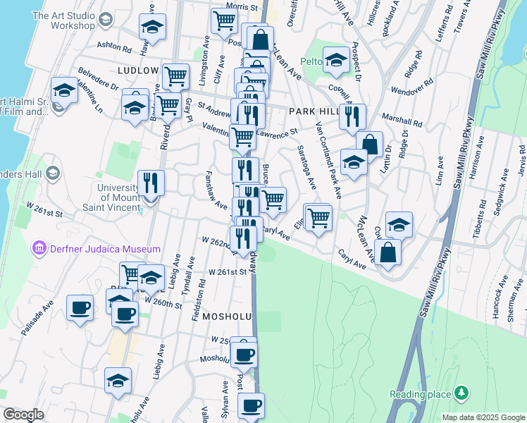 map of restaurants, bars, coffee shops, grocery stores, and more near 143 Bruce Avenue in Yonkers