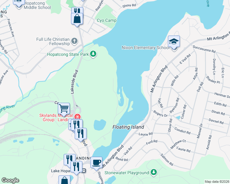 map of restaurants, bars, coffee shops, grocery stores, and more near 304 Kingsland Road in Roxbury Township