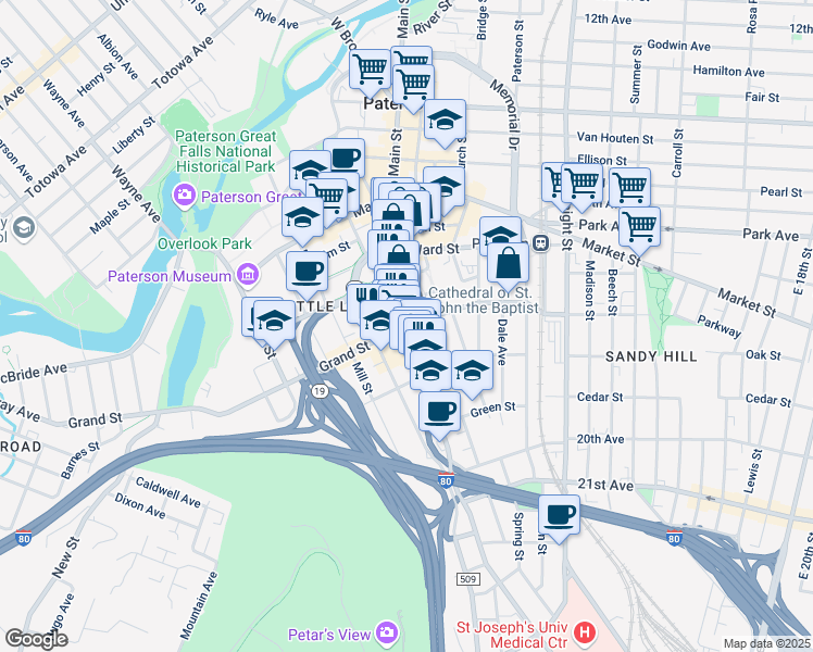 map of restaurants, bars, coffee shops, grocery stores, and more near Main St & Grand St in Paterson