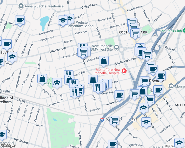 map of restaurants, bars, coffee shops, grocery stores, and more near 29 Harold Court in New Rochelle