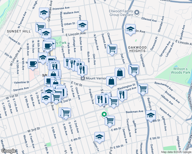 map of restaurants, bars, coffee shops, grocery stores, and more near 1 East 1st Street in Mount Vernon