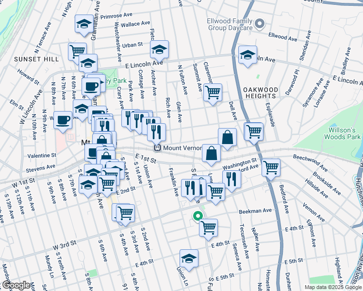 map of restaurants, bars, coffee shops, grocery stores, and more near 1 East 1st Street in Mount Vernon