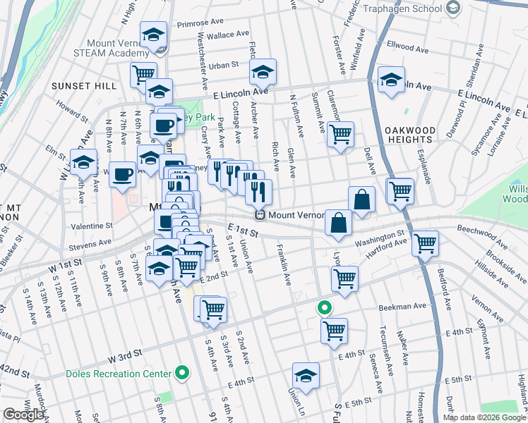 map of restaurants, bars, coffee shops, grocery stores, and more near 53 Elm Avenue in Mount Vernon