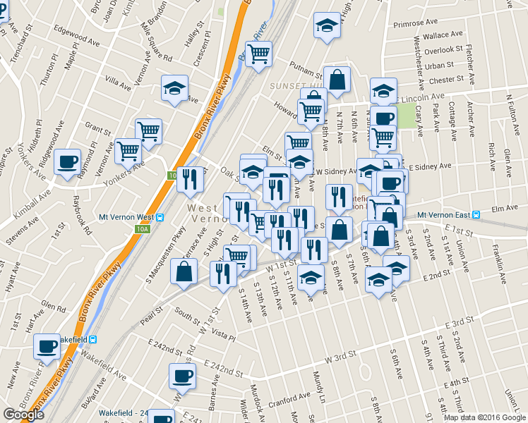 map of restaurants, bars, coffee shops, grocery stores, and more near 33 North Bleeker Street in Mount Vernon