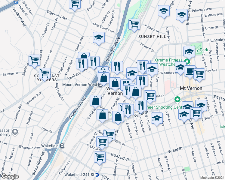 map of restaurants, bars, coffee shops, grocery stores, and more near in Mount Vernon