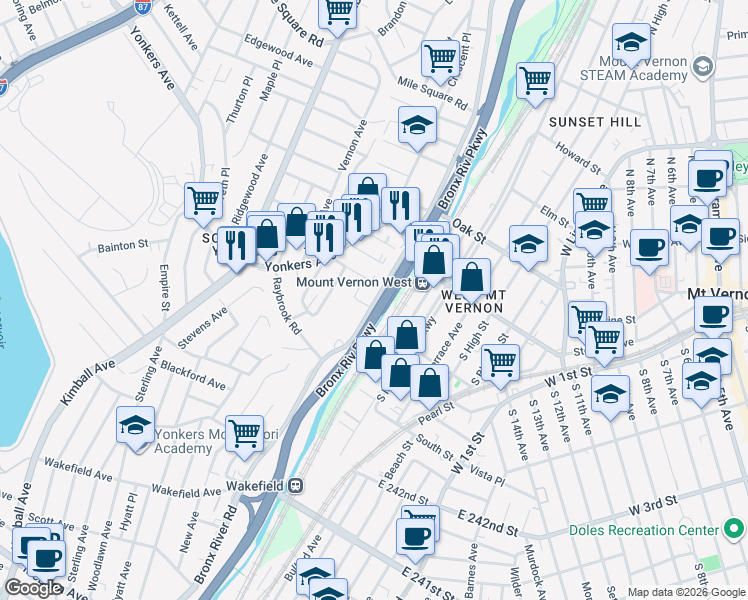 map of restaurants, bars, coffee shops, grocery stores, and more near 365 Bronx River Road in Yonkers