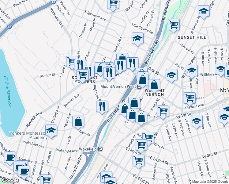 map of restaurants, bars, coffee shops, grocery stores, and more near 24 Yonkers Terrace in Yonkers