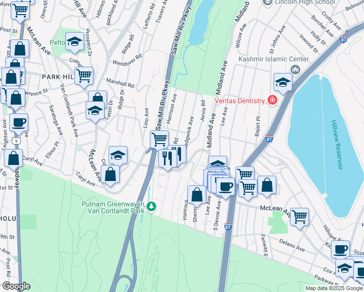 map of restaurants, bars, coffee shops, grocery stores, and more near 140 Tibbetts Road in Yonkers