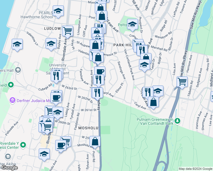 map of restaurants, bars, coffee shops, grocery stores, and more near 143 Bruce Avenue in Yonkers