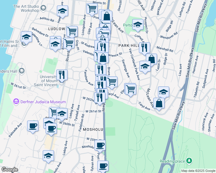 map of restaurants, bars, coffee shops, grocery stores, and more near 143 Bruce Avenue in Yonkers