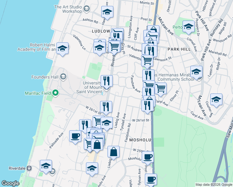 map of restaurants, bars, coffee shops, grocery stores, and more near 453 West 263rd Street in The Bronx