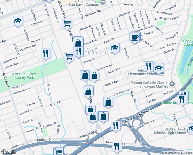 map of restaurants, bars, coffee shops, grocery stores, and more near 418 Leonhardt Drive in Saddle Brook
